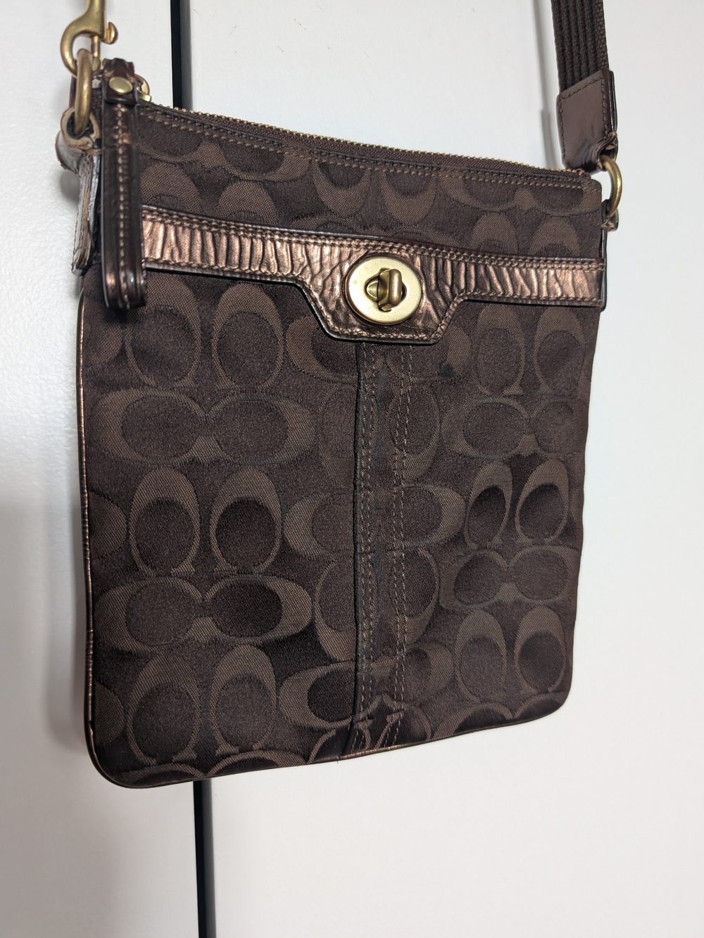 Coach Signature Crossbody Bag in Brown Metallic Monogram